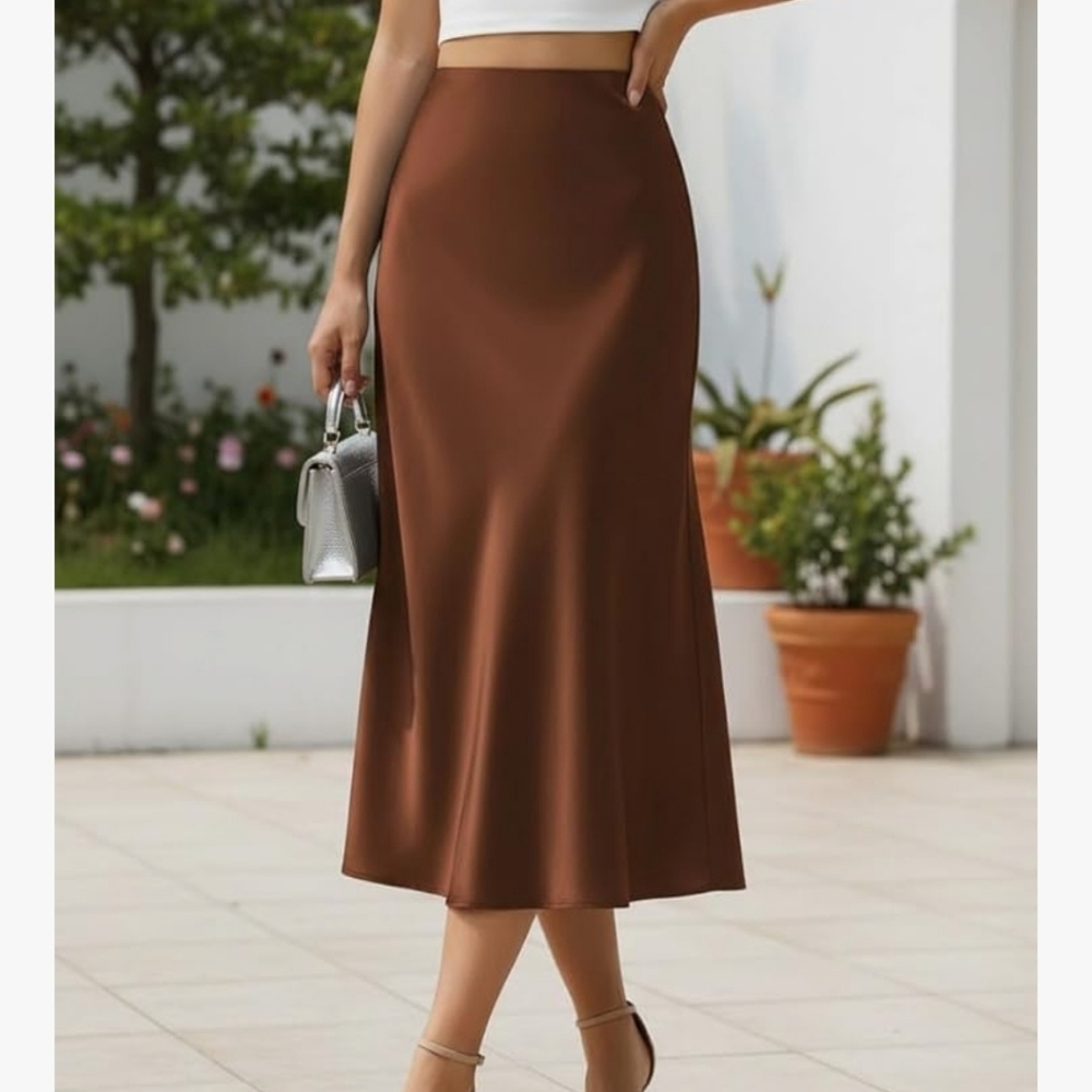Classic Brown Satin A-Line Midi Skirt